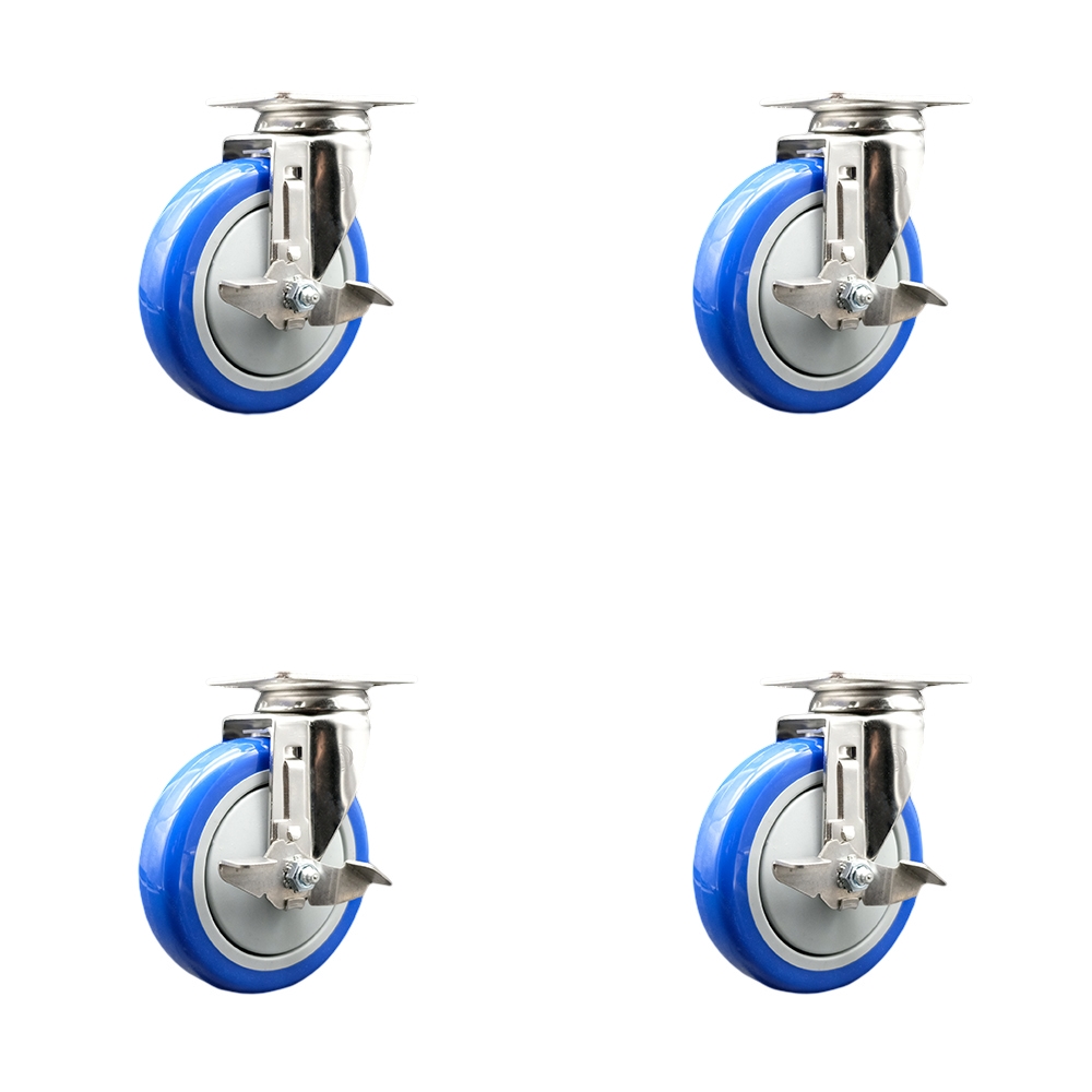 Polyurethane Swivel Top Plate Caster Set of 4 with 5 Inch Blue Caster Wheels -316 Stainless Steel Casters-Includes 4 Swivel Casters with Top Lock Brakes-1,400 lbs. Total Capacity- Service Caster Brand — photo 1