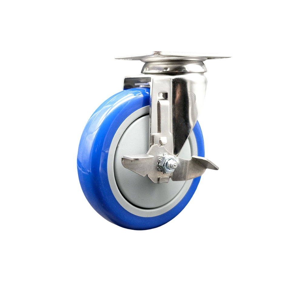 Polyurethane Swivel Top Plate Caster with 5 Inch Blue Caster Wheel and Top Lock Brake - 316 Stainless Steel Caster - 350 lbs. Capacity Per Caster - Service Caster Brand — photo 1
