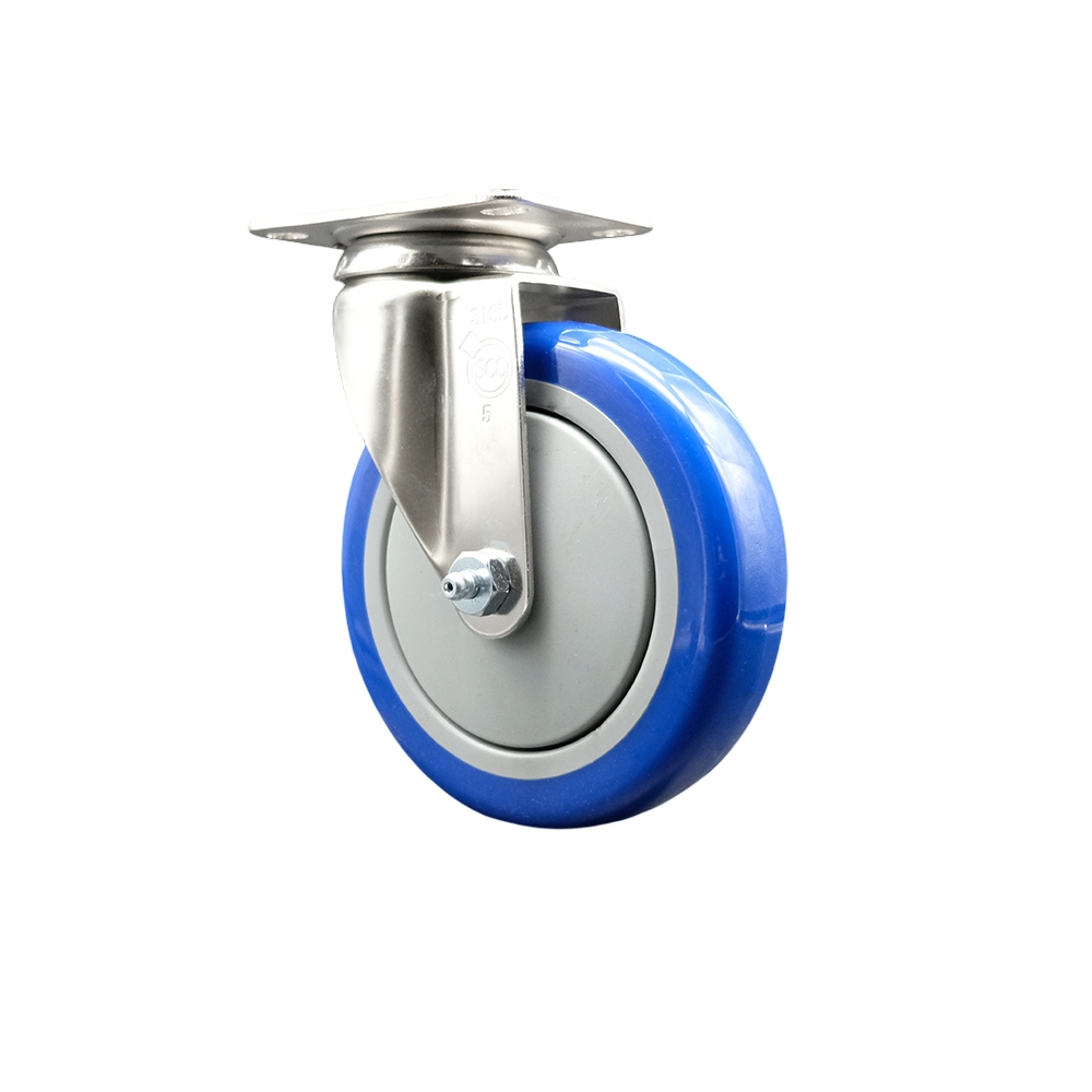 Polyurethane Swivel Top Plate Caster with 5 Inch Blue Caster Wheel - 316 Stainless Steel Caster - 350 lbs. Capacity Per Caster - Service Caster Brand — photo 1