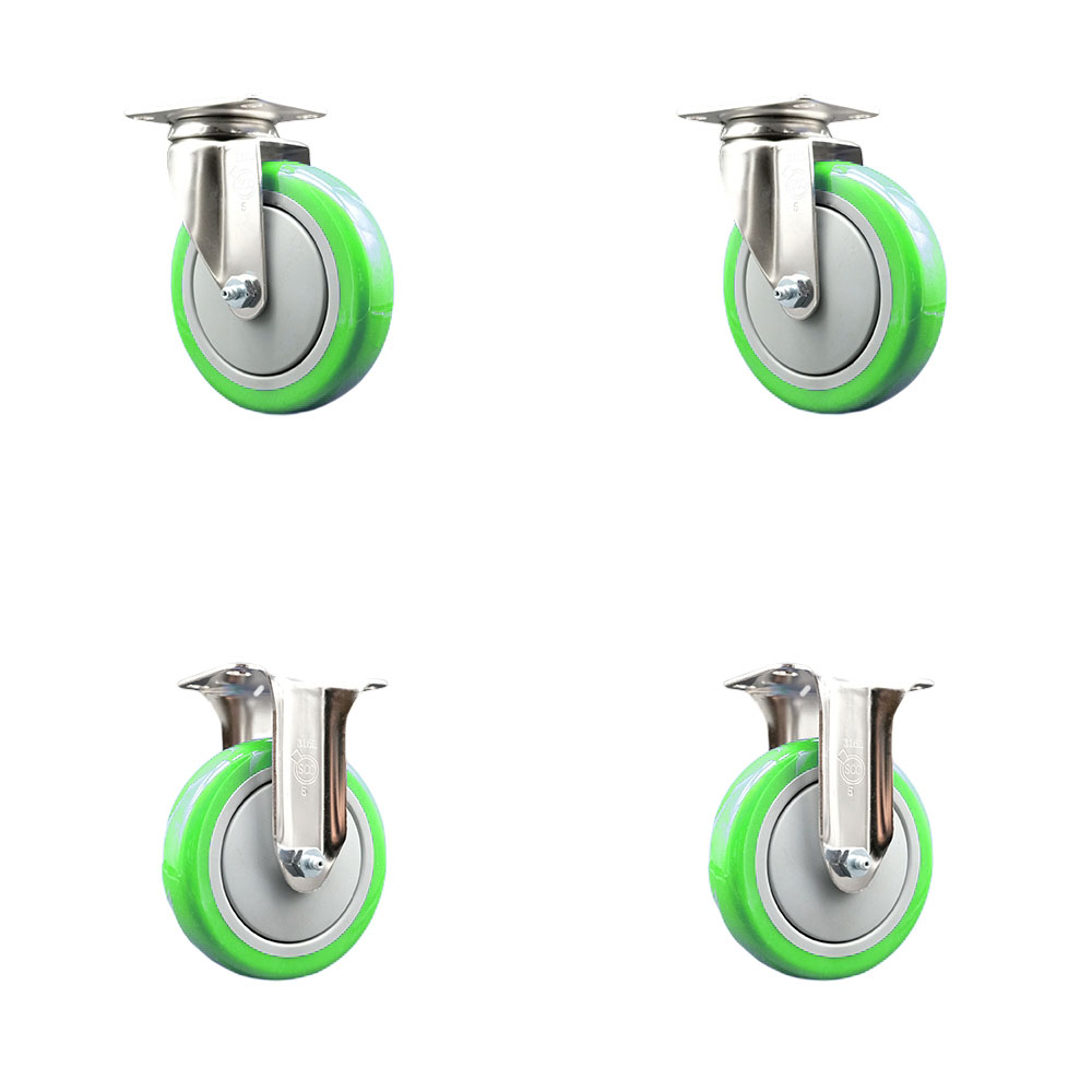Polyurethane Swivel Top Plate Caster Set of 4 with 5 Inch Green Caster Wheels - 316 Stainless Steel Casters - Includes 2 Swivel Casters and 2 Rigid Casters - Service Caster Brand — photo 1