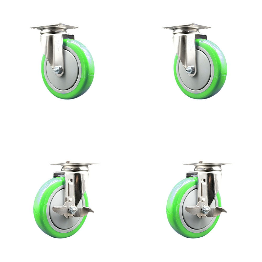 Polyurethane Swivel Top Plate Caster Set of 4 with 5 Inch Green Caster Wheels - 316 Stainless Steel Casters - Includes 2 Swivel with Top Lock Brakes and 2 Swivel - Service Caster Brand — photo 1