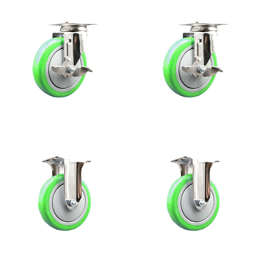 Polyurethane Swivel Top Plate Caster Set of 4 with 5 Inch Green Caster Wheels - 316 Stainless Steel Casters - Includes 2 Swivel with Top Lock Brakes and 2 Rigid - Service Caster Brand — photo 1