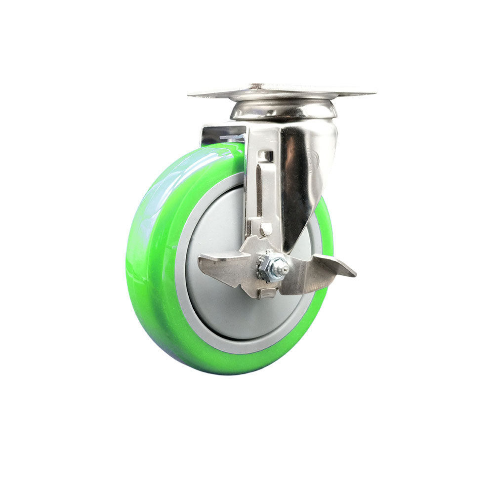 Polyurethane Swivel Top Plate Caster with 5 Inch Green Caster Wheel and Top Lock Brake - 316 Stainless Steel Caster - 350 lbs. Capacity Per Caster - Service Caster Brand — photo 1