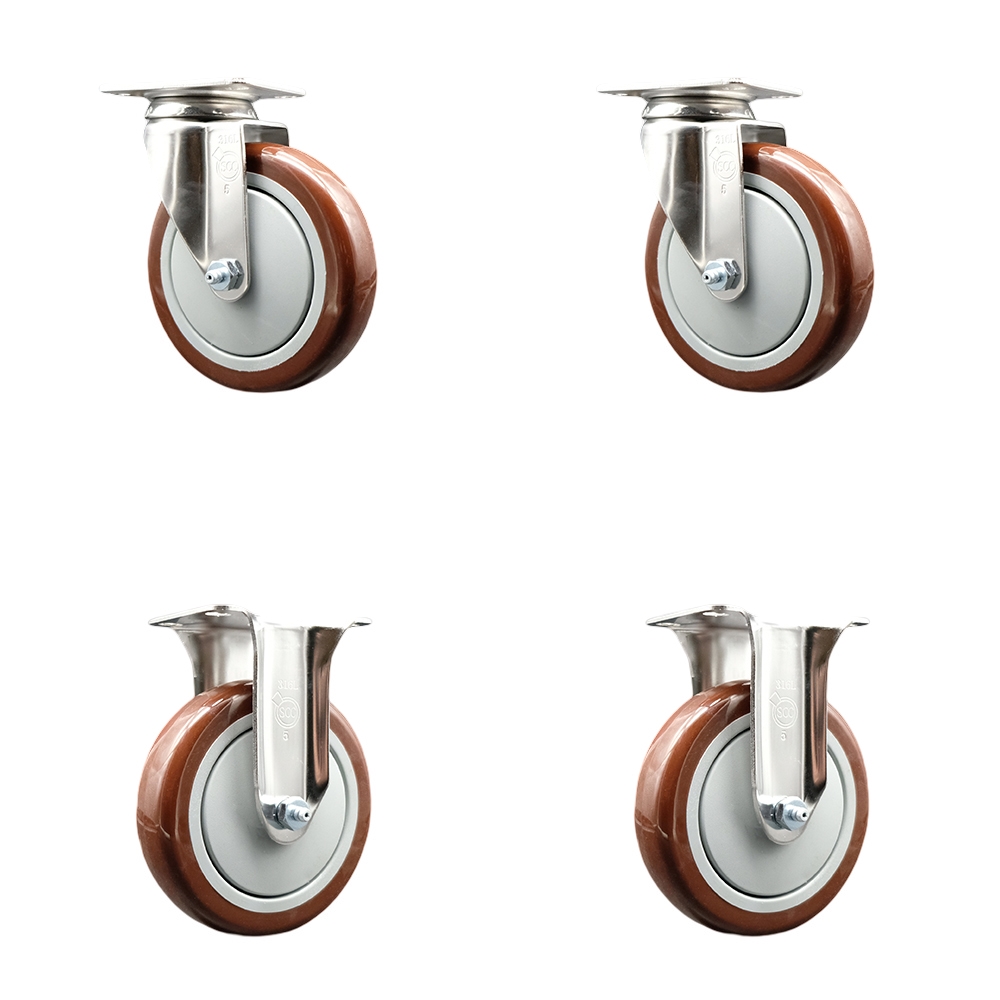 Polyurethane Swivel Top Plate Caster Set of 4 with 5 Inch Maroon Caster Wheels - 316 Stainless Steel Casters - Includes 2 Swivel Casters and 2 Rigid Casters - Service Caster Brand — photo 1