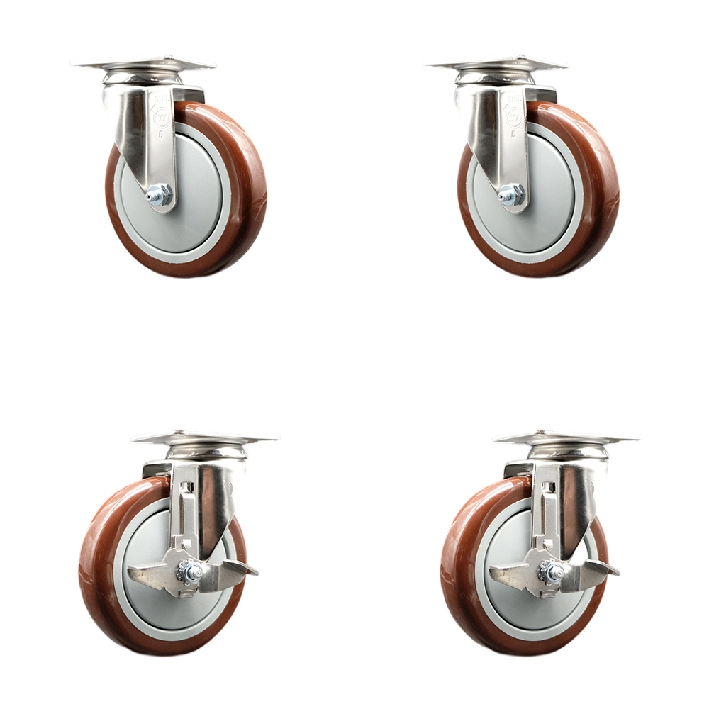 Polyurethane Swivel Top Plate Caster Set of 4 with 5 Inch Maroon Caster Wheels - 316 Stainless Steel Casters - Includes 2 Swivel with Top Lock Brakes and 2 Swivel - Service Caster Brand — photo 1