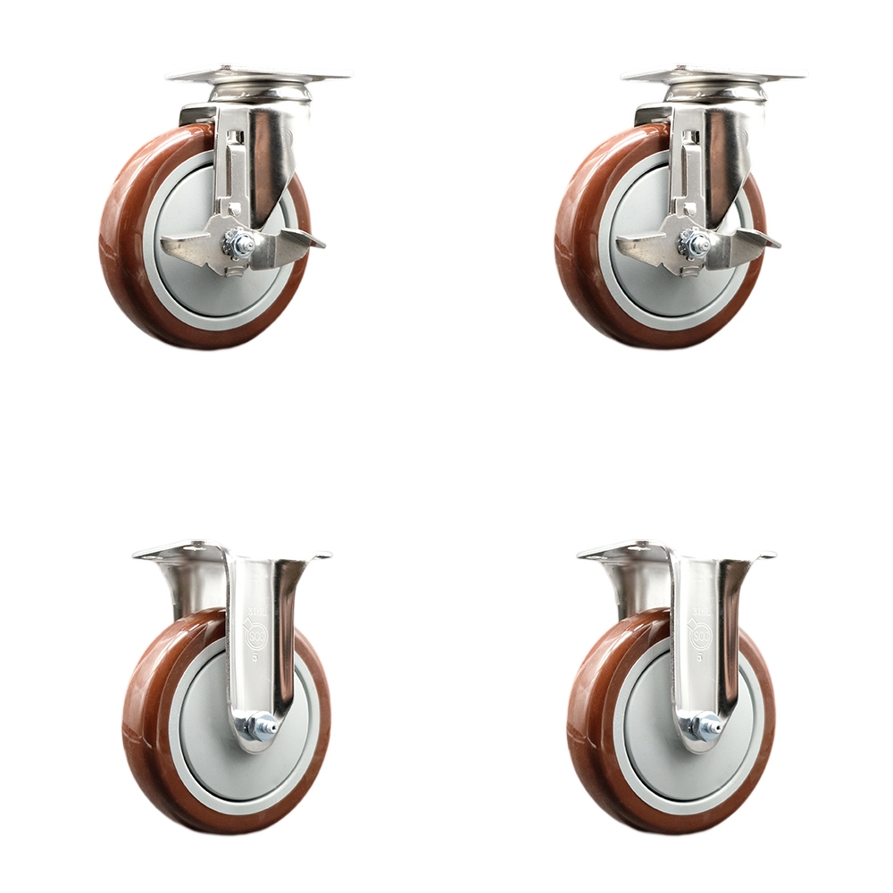 Polyurethane Swivel Top Plate Caster Set of 4 with 5 Inch Maroon Caster Wheels - 316 Stainless Steel Casters - Includes 2 Swivel with Top Lock Brakes and 2 Rigid - Service Caster Brand — photo 1