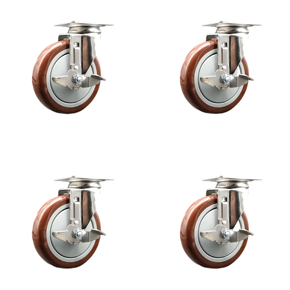 Polyurethane Swivel Top Plate Caster Set of 4 with 5 Inch Maroon Caster Wheels-316 Stainless Steel Casters-Includes 4 Swivel Casters with Top Lock Brakes-1,400 lbs. Total Capacity-Service Caster Brand — photo 1