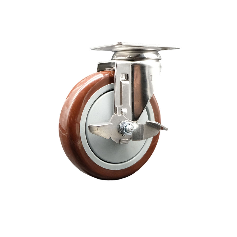 Polyurethane Swivel Top Plate Caster with 5 Inch Maroon Caster Wheel and Top Lock Brake - 316 Stainless Steel Caster - 350 lbs. Capacity Per Caster - Service Caster Brand — photo 1