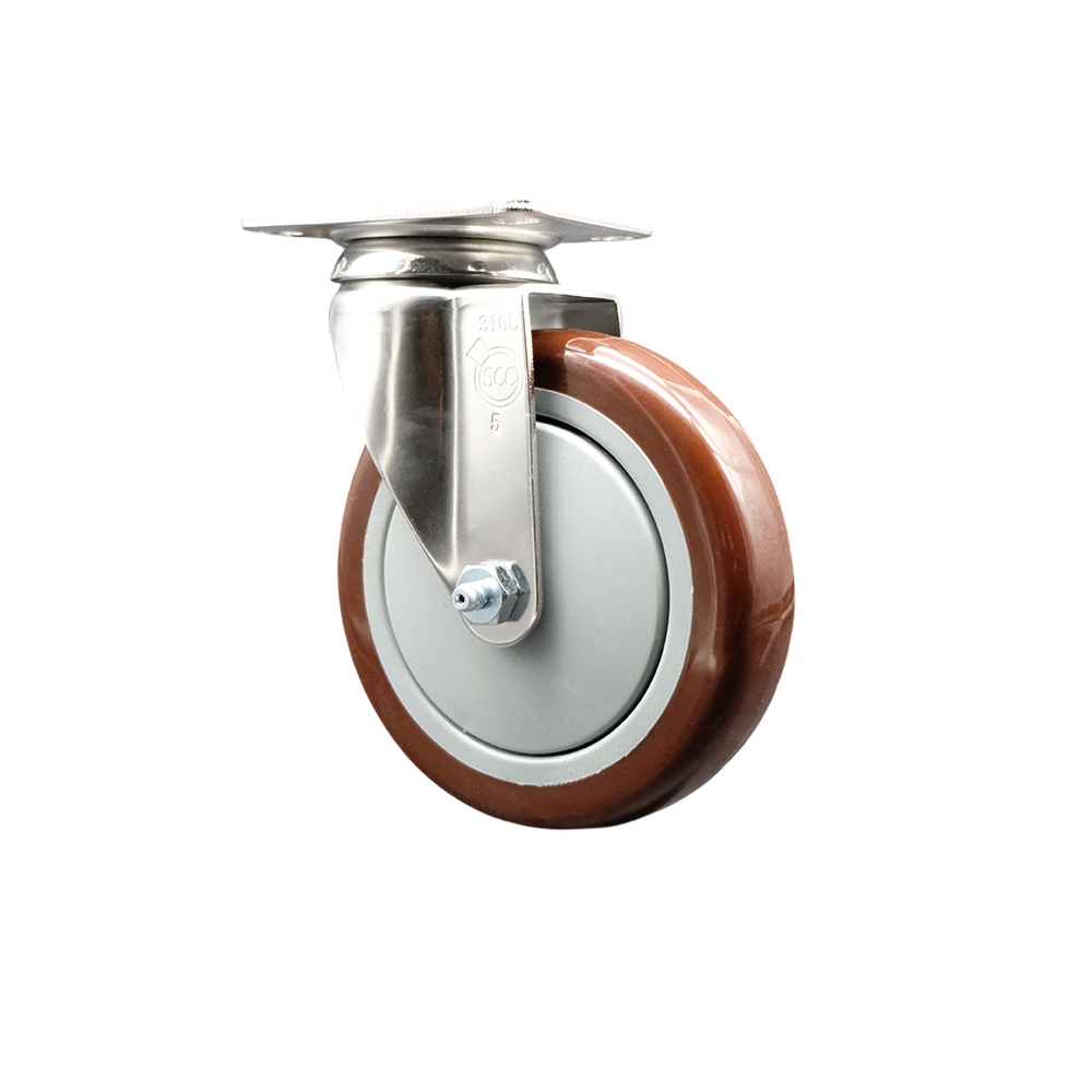 Polyurethane Swivel Top Plate Caster with 5 Inch Maroon Caster Wheel - 316 Stainless Steel Caster - 350 lbs. Capacity Per Caster - Service Caster Brand — photo 1