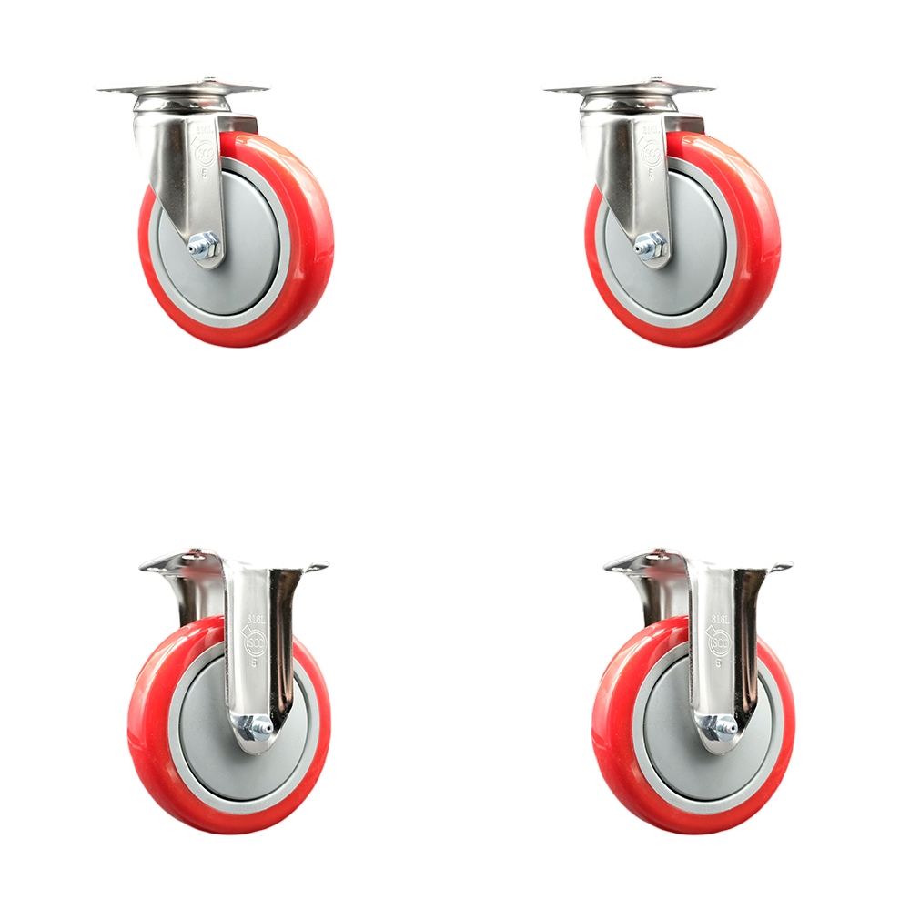 Polyurethane Swivel Top Plate Caster Set of 4 with 5 Inch Red Caster Wheels - 316 Stainless Steel Casters - Includes 2 Swivel Casters and 2 Rigid Casters - Service Caster Brand — photo 1
