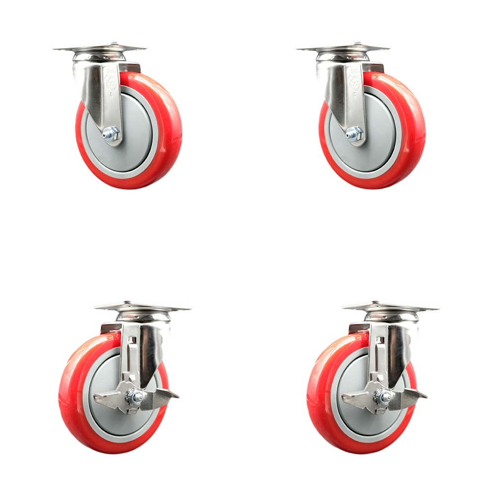 Polyurethane Swivel Top Plate Caster Set of 4 with 5 Inch Red Caster Wheels - 316 Stainless Steel Casters - Includes 2 Swivel with Top Lock Brakes and 2 Swivel - Service Caster Brand — photo 1