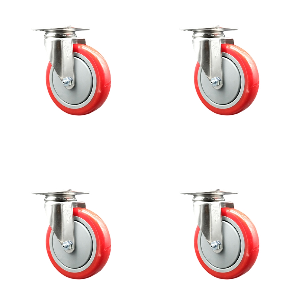 Polyurethane Swivel Top Plate Caster Set of 4 with 5 Inch Red Caster Wheels - 316 Stainless Steel Casters - Includes 4 Swivel Casters - 1,400 lbs. Total Capacity - Service Caster Brand — photo 1
