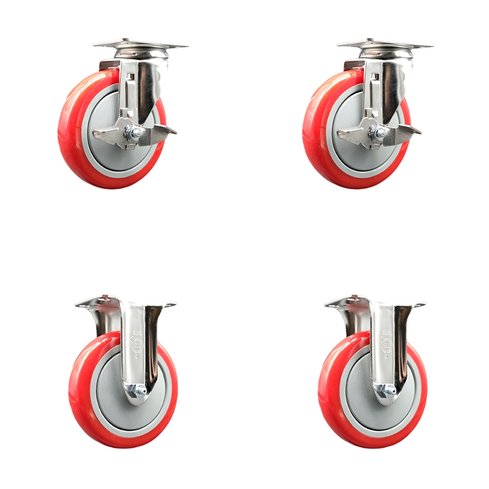 Polyurethane Swivel Top Plate Caster Set of 4 with 5 Inch Red Caster Wheels - 316 Stainless Steel Casters - Includes 2 Swivel with Top Lock Brakes and 2 Rigid - Service Caster Brand — photo 1