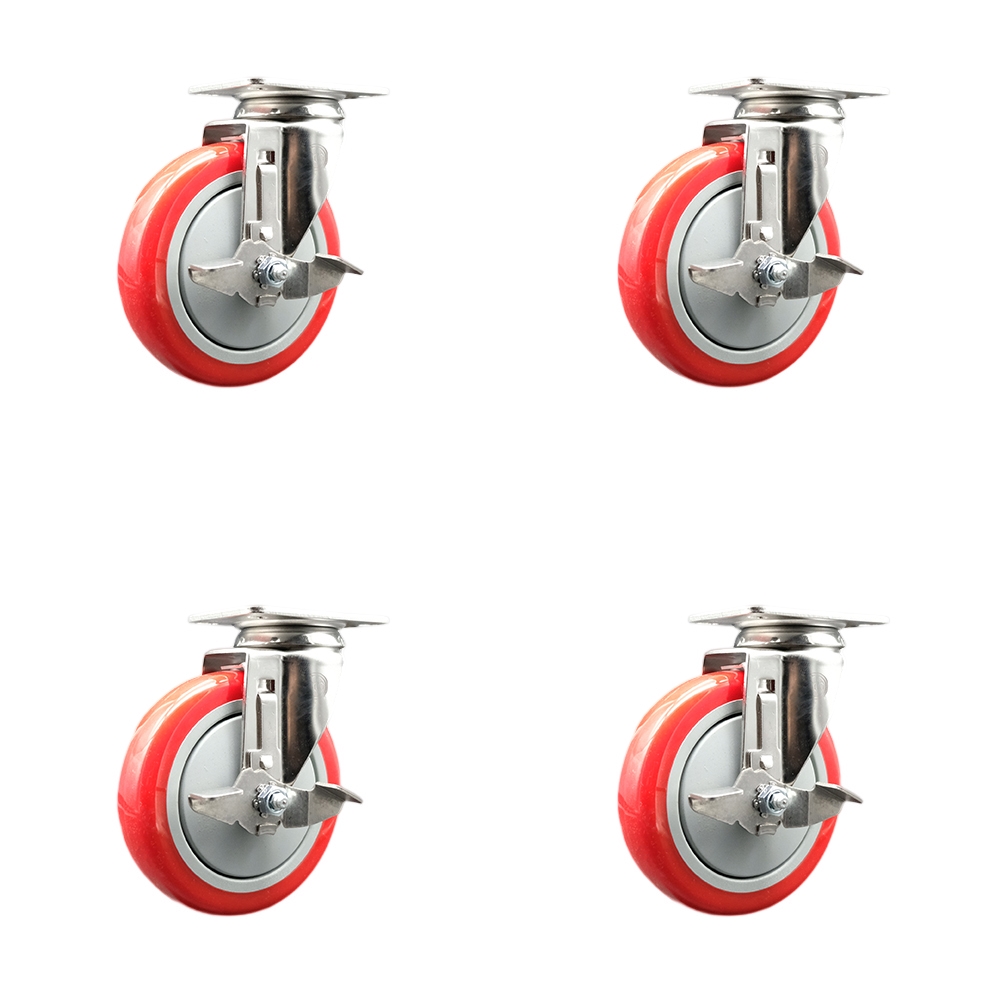 Polyurethane Swivel Top Plate Caster Set of 4 with 5 Inch Red Caster Wheels -316 Stainless Steel Casters-Includes 4 Swivel Casters with Top Lock Brakes-1,400 lbs. Total Capacity- Service Caster Brand — photo 1