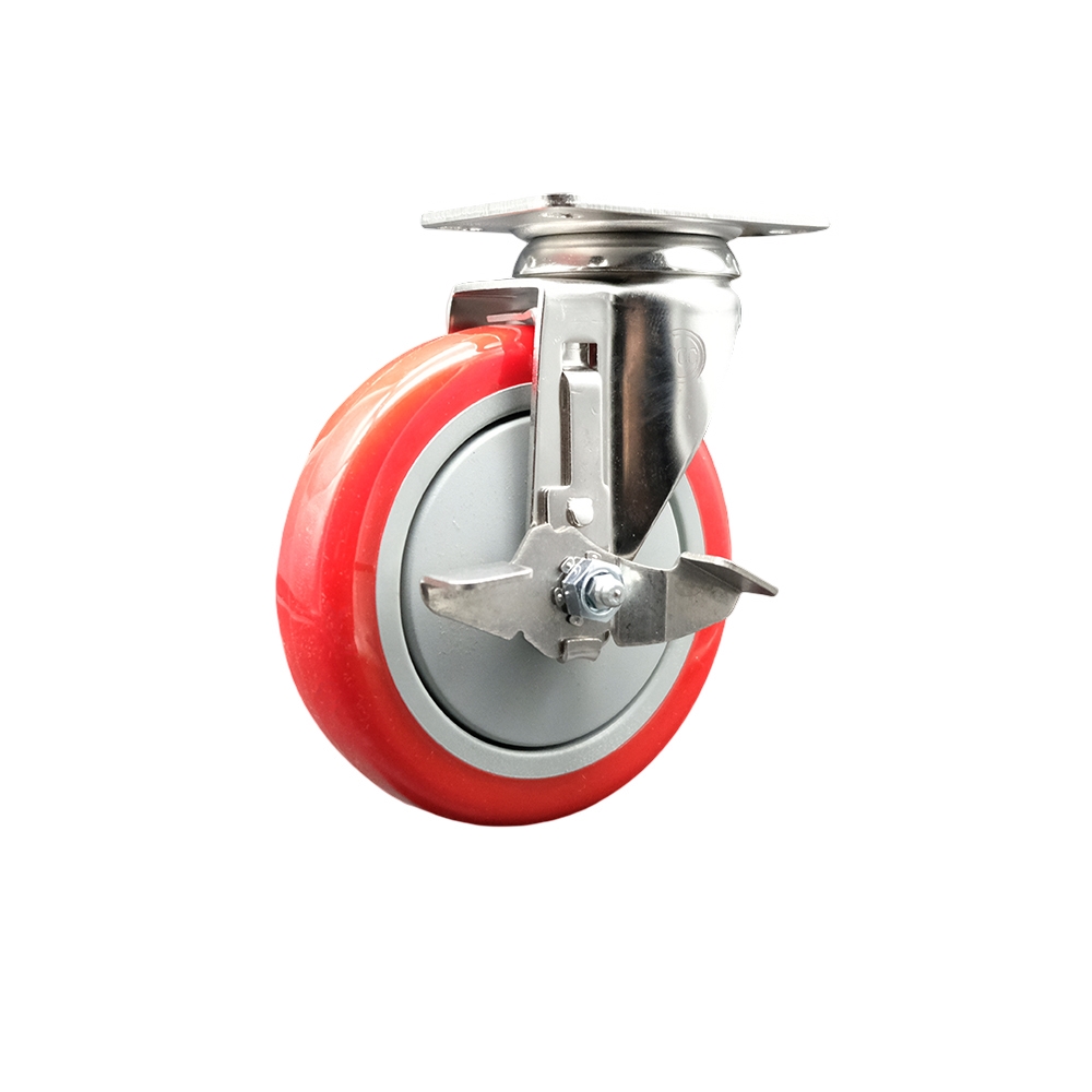 Polyurethane Swivel Top Plate Caster with 5 Inch Red Caster Wheel and Top Lock Brake - 316 Stainless Steel Caster - 350 lbs. Capacity Per Caster - Service Caster Brand — photo 1
