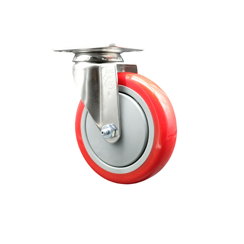 Polyurethane Swivel Top Plate Caster with 5 Inch Red Caster Wheel - 316 Stainless Steel Caster - 350 lbs. Capacity Per Caster - Service Caster Brand — photo 1