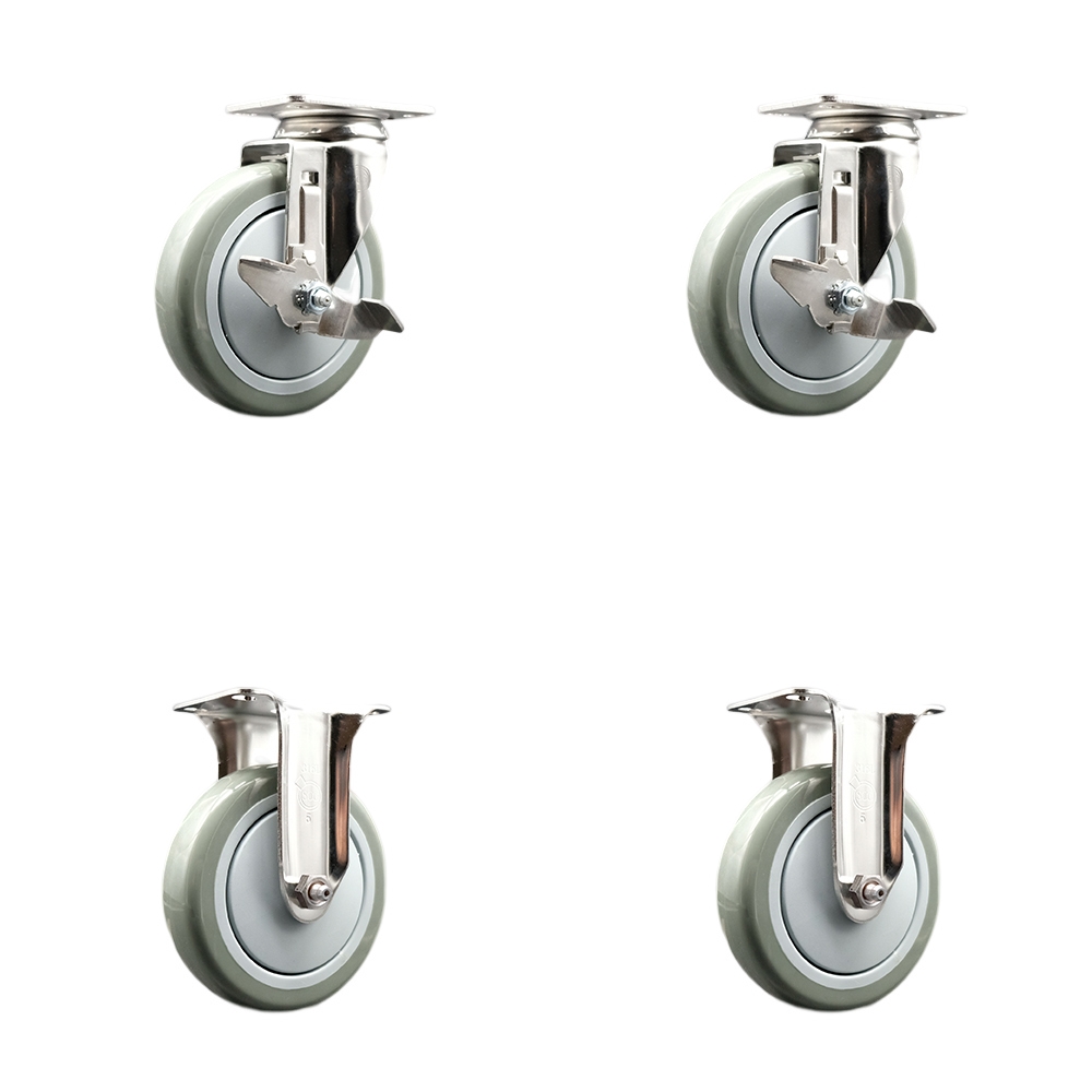 Polyurethane Swivel Top Plate Caster Set of 4 with 5 Inch Gray Caster Wheels - 316 Stainless Steel Casters - Includes 2 Swivel with Top Lock Brakes and 2 Rigid - Service Caster Brand — photo 1