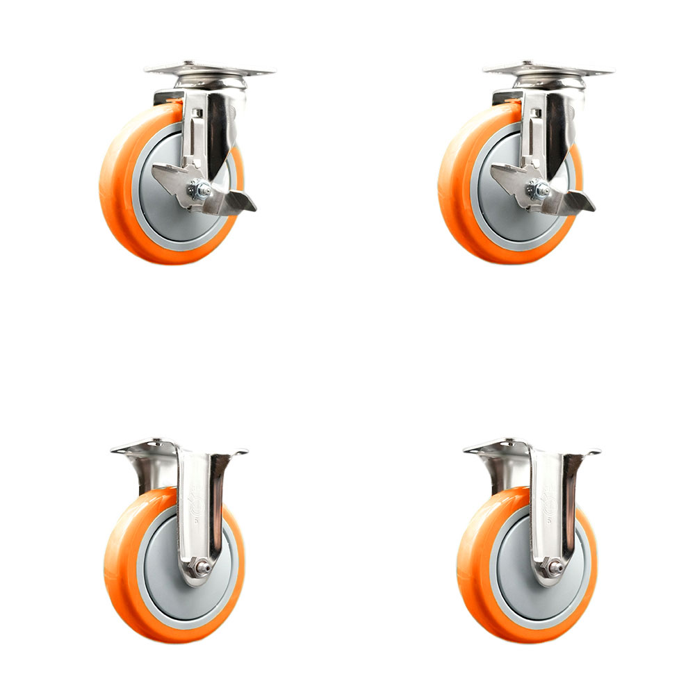 Polyurethane Swivel Top Plate Caster Set of 4 with 5 Inch Orange Caster Wheels - 316 Stainless Steel Casters - Includes 2 Swivel with Top Lock Brakes and 2 Rigid - Service Caster Brand — photo 1