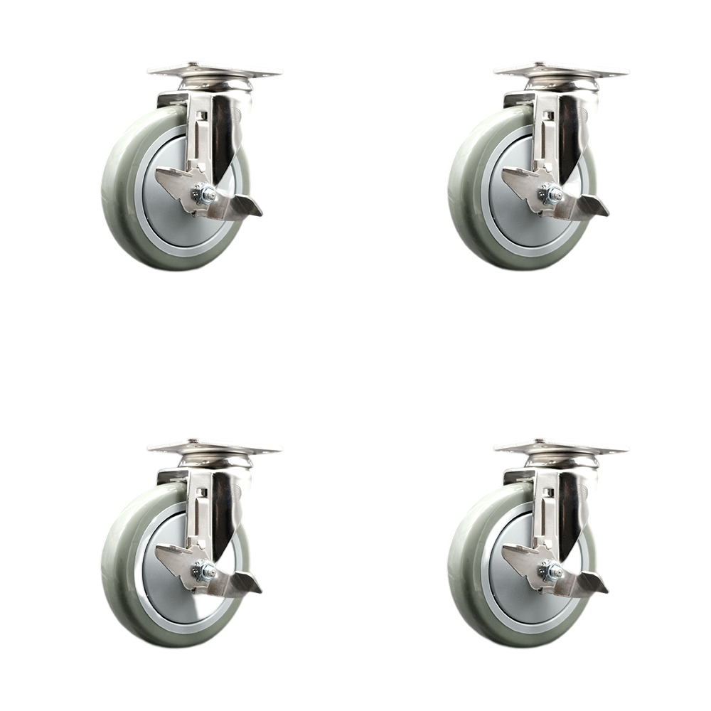 Polyurethane Swivel Top Plate Caster Set of 4 with 5 Inch Gray Caster Wheels -316 Stainless Steel Casters-Includes 4 Swivel Casters with Top Lock Brakes-1,400 lbs. Total Capacity- Service Caster Brand — photo 1