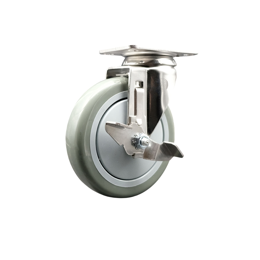 Polyurethane Swivel Top Plate Caster with 5 Inch Gray Caster Wheel and Top Lock Brake - 316 Stainless Steel Caster - 350 lbs. Capacity Per Caster - Service Caster Brand — photo 1