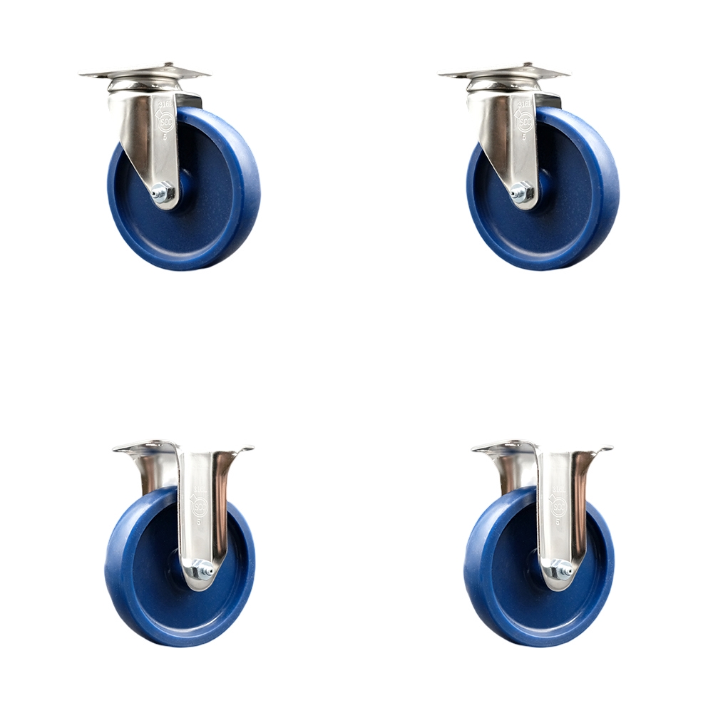 Solid Polyurethane Swivel Top Plate Caster Set of 4 with 5 Inch Blue Caster Wheels - 316 Stainless Steel Casters - Includes 2 Swivel Casters and 2 Rigid Casters - Service Caster Brand — photo 1