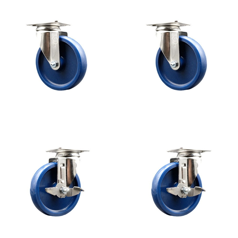 Solid Polyurethane Swivel Top Plate Caster Set of 4 with 5 Inch Blue Caster Wheels - 316 Stainless Steel Casters - Includes 2 Swivel with Top Lock Brakes and 2 Swivel - Service Caster Brand — photo 1