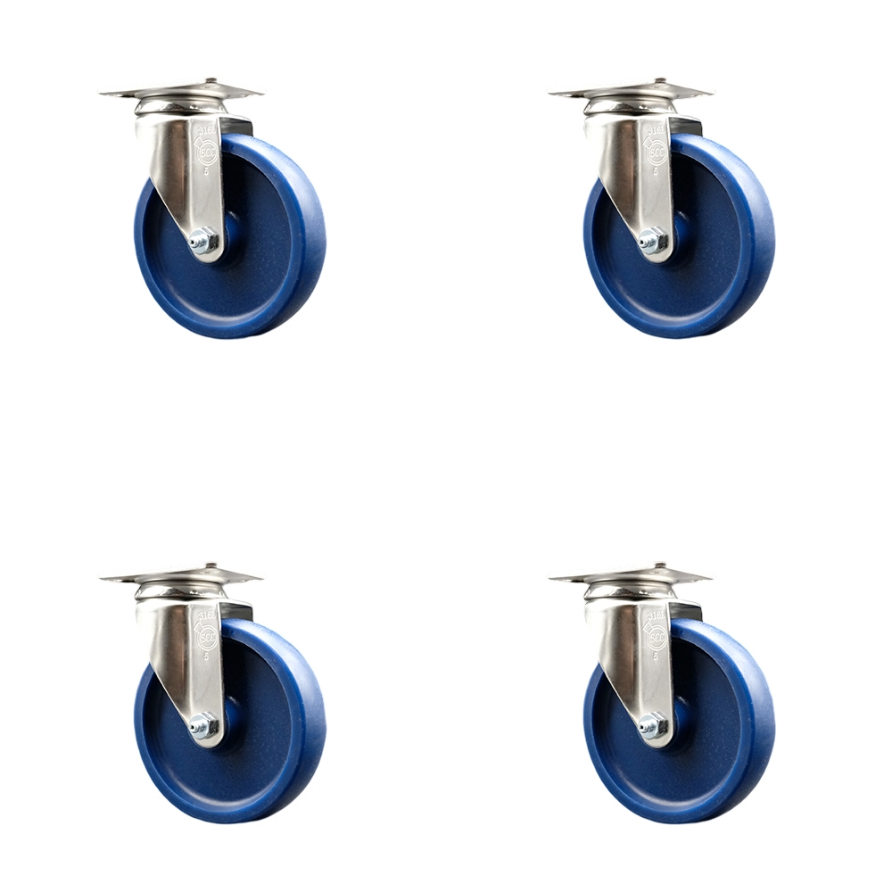 Solid Polyurethane Swivel Top Plate Caster Set of 4 with 5 Inch Blue Caster Wheels - 316 Stainless Steel Casters - Includes 4 Swivel Casters - 1,200 lbs. Total Capacity - Service Caster Brand — photo 1