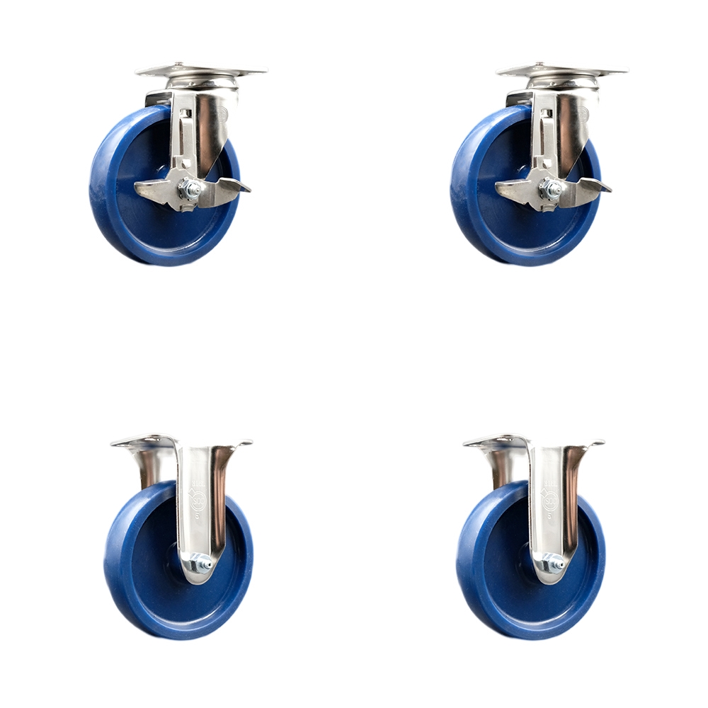 Solid Polyurethane Swivel Top Plate Caster Set of 4 with 5 Inch Blue Caster Wheels - 316 Stainless Steel Casters - Includes 2 Swivel with Top Lock Brakes and 2 Rigid - Service Caster Brand — photo 1