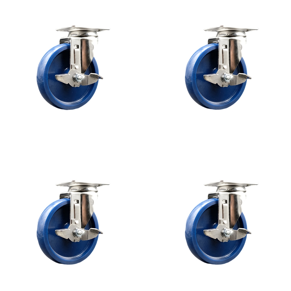 Solid Poly Swivel Top Plate Caster Set of 4 with 5 Inch Blue Caster Wheels -316 Stainless Steel Casters-Includes 4 Swivel Casters with Top Lock Brakes- 1,200 lbs. Total Capacity - Service Caster Brand — photo 1
