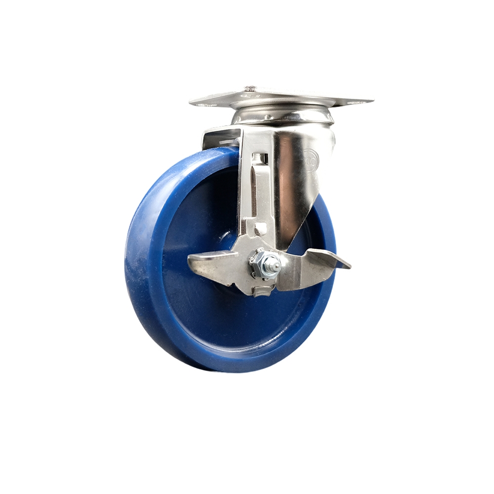 Solid Polyurethane Swivel Top Plate Caster with 5 Inch Blue Caster Wheel and Top Lock Brake - 316 Stainless Steel Caster - 300 lbs. Capacity Per Caster - Service Caster Brand — photo 1