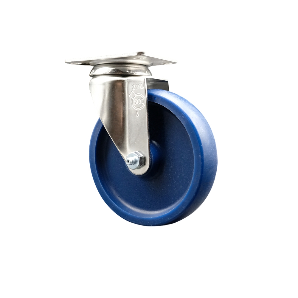 Solid Polyurethane Swivel Top Plate Caster with 5 Inch Blue Caster Wheel - 316 Stainless Steel Caster - 300 lbs. Capacity Per Caster - Service Caster Brand — photo 1