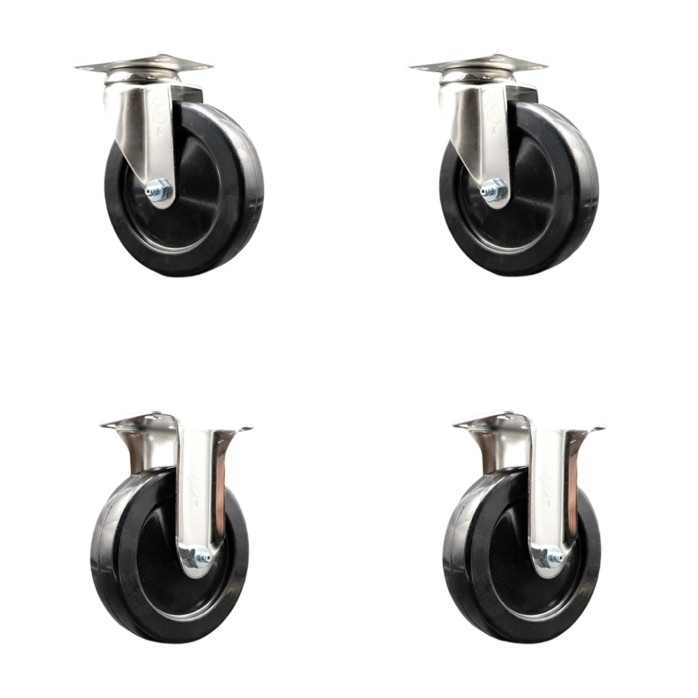 Soft Rubber Swivel Top Plate Caster Set of 4 with 5 Inch Black Caster Wheels - 316 Stainless Steel Casters - Includes 2 Swivel Casters and 2 Rigid Casters - Service Caster Brand — photo 1