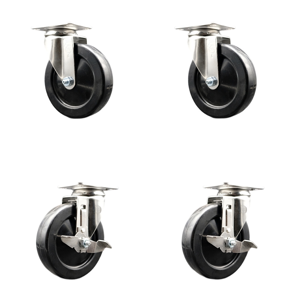 Soft Rubber Swivel Top Plate Caster Set of 4 with 5 Inch Black Caster Wheels - 316 Stainless Steel Casters - Includes 2 Swivel with Top Lock Brakes and 2 Swivel - Service Caster Brand — photo 1