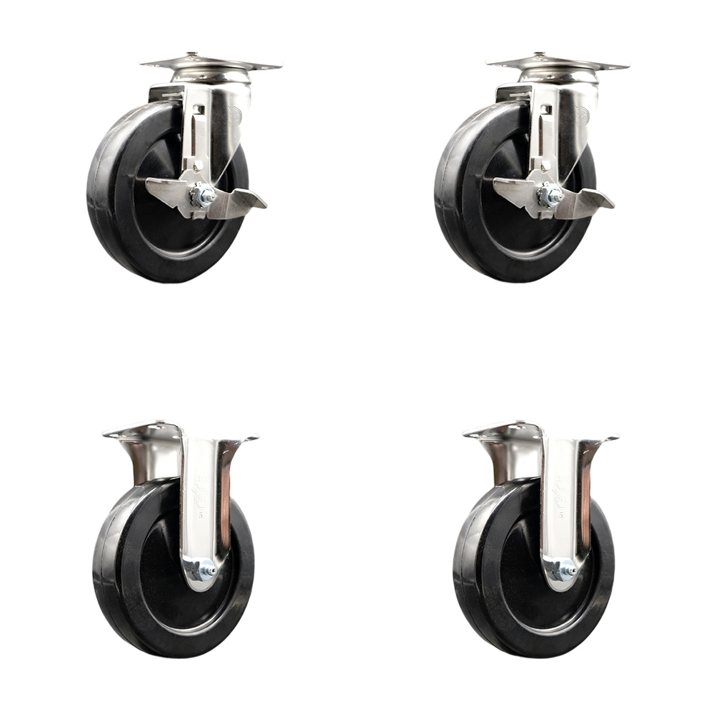 Soft Rubber Swivel Top Plate Caster Set of 4 with 5 Inch Black Caster Wheels - 316 Stainless Steel Casters - Includes 2 Swivel with Top Lock Brakes and 2 Rigid - Service Caster Brand — photo 1