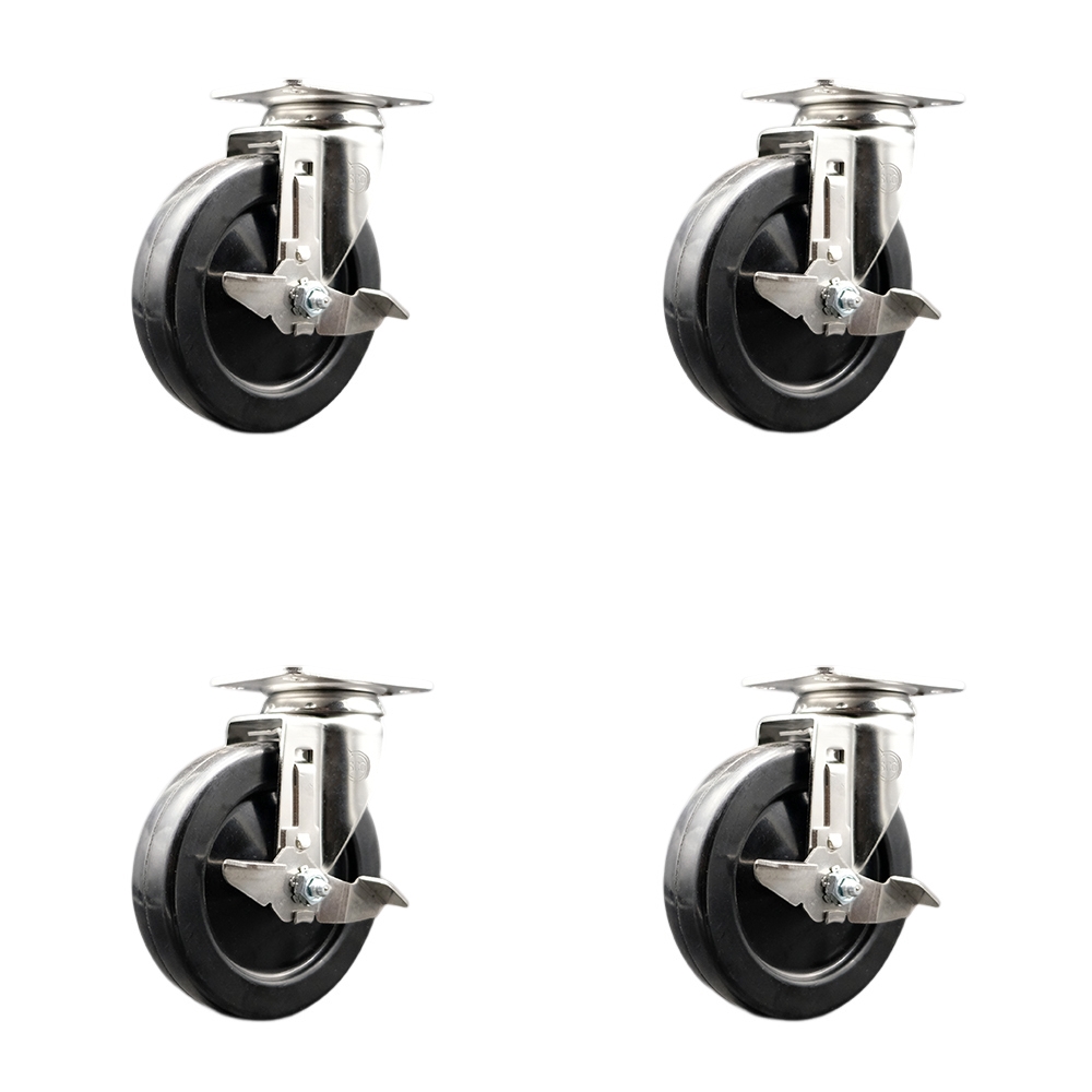 Soft Rubber Swivel Top Plate Caster Set of 4 with 5 Inch Black Caster Wheels - 316 Stainless Steel Casters-Includes 4 Swivel Casters with Top Lock Brakes-1,100 lbs. Total Capacity-Service Caster Brand — photo 1