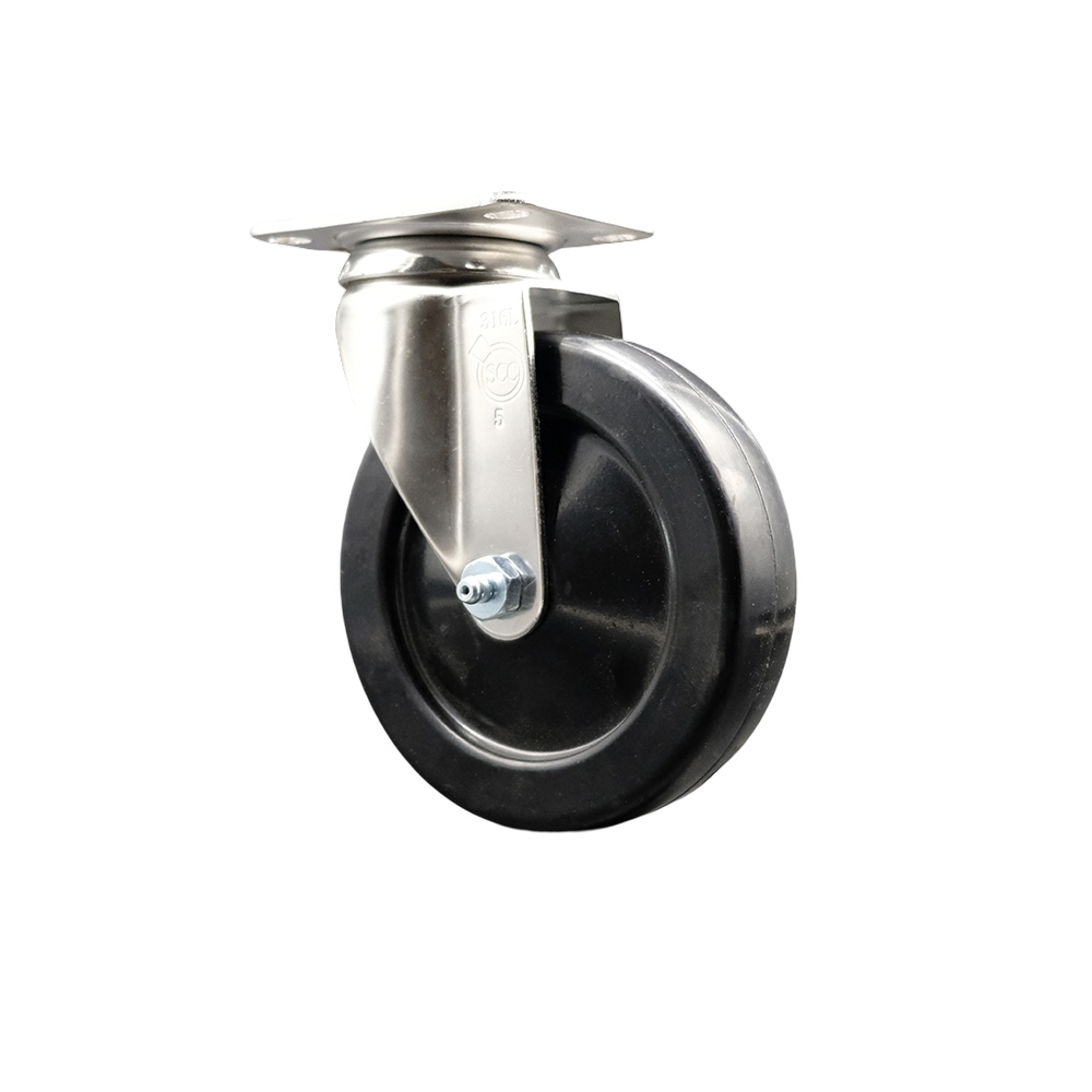 Soft Rubber Swivel Top Plate Caster with 5 Inch Black Caster Wheel - 316 Stainless Steel Caster - 275 lbs. Capacity Per Caster - Service Caster Brand — photo 1