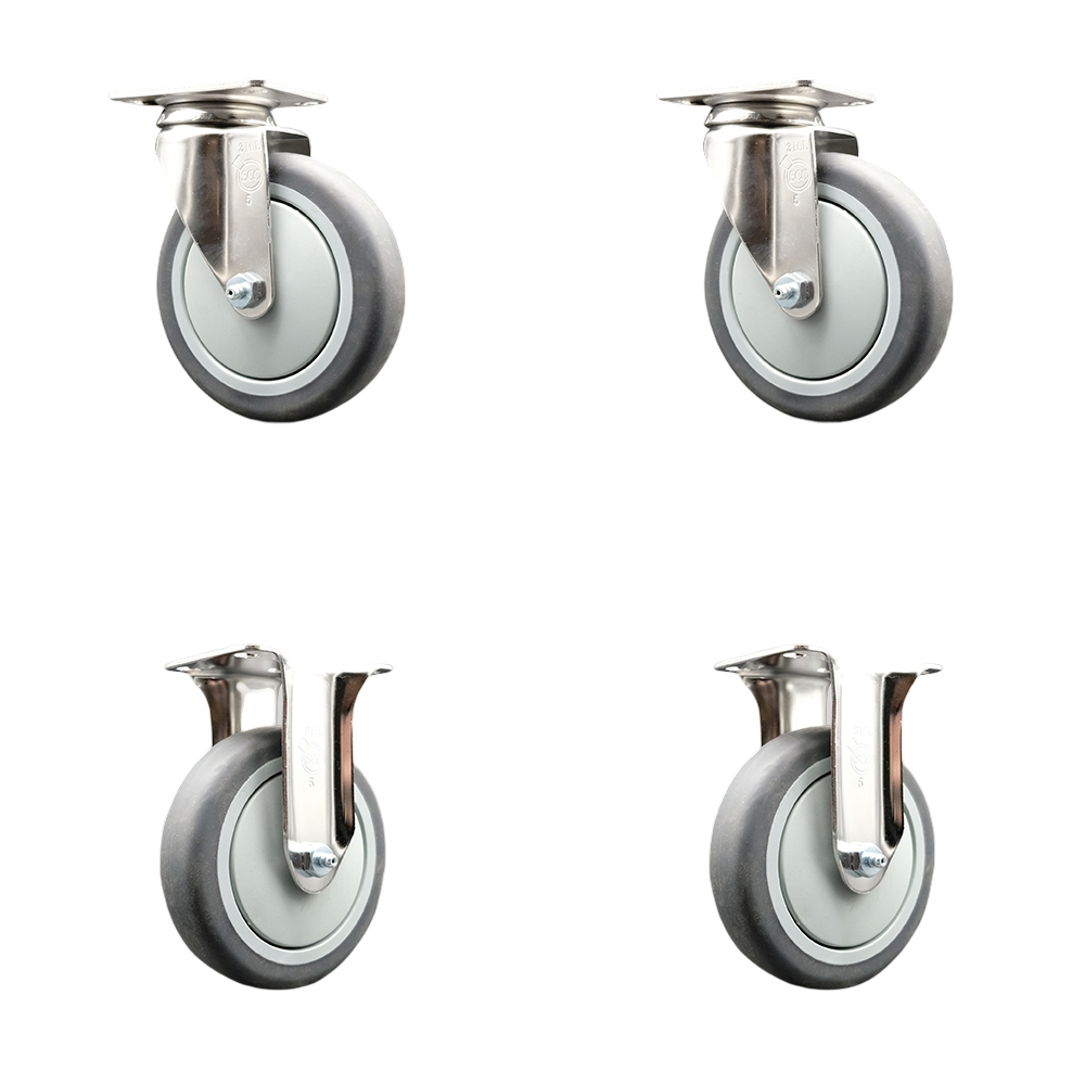 Thermoplastic Rubber Swivel Top Plate Caster Set of 4 with 5 Inch Gray Caster Wheels - 316 Stainless Steel Casters - Includes 2 Swivel Casters and 2 Rigid Casters - Service Caster Brand — photo 1