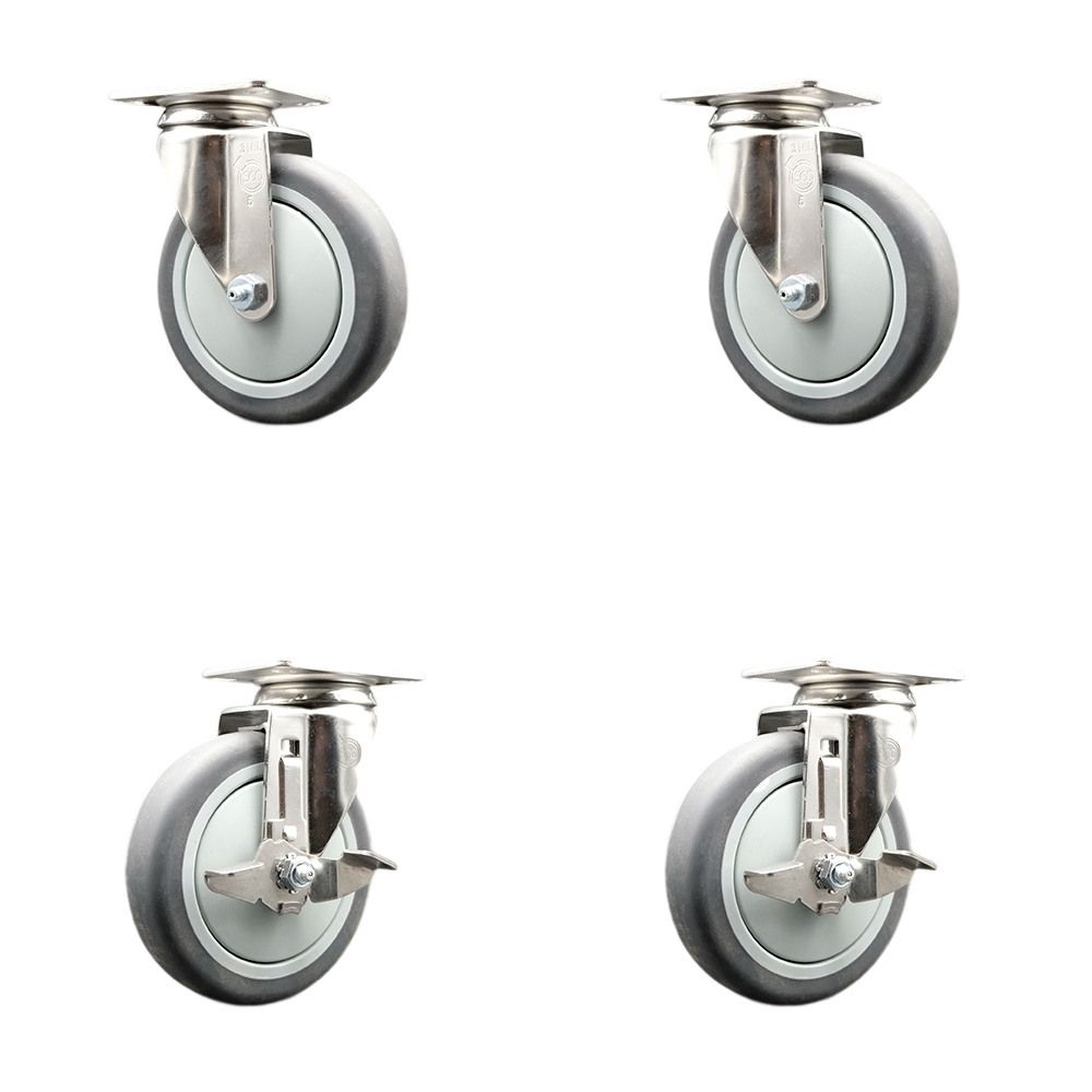 Thermoplastic Rubber Swivel Top Plate Caster Set of 4 with 5 Inch Gray Caster Wheels - 316 Stainless Steel Casters - Includes 2 Swivel with Top Lock Brakes and 2 Swivel - Service Caster Brand — photo 1