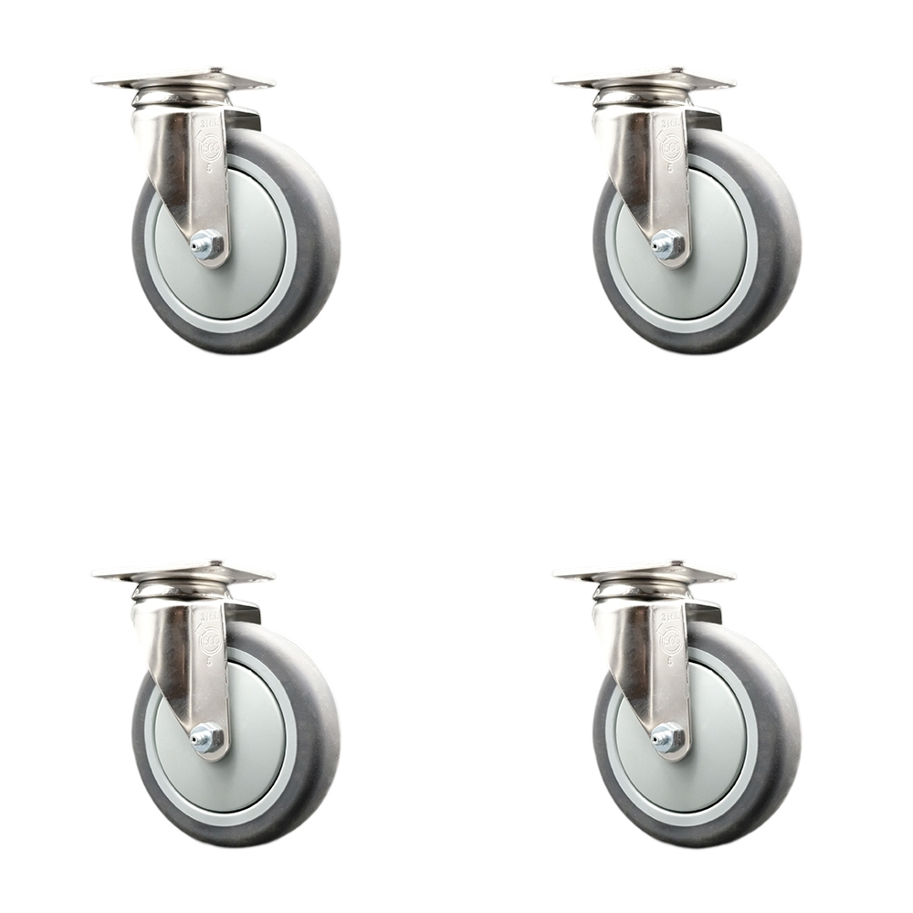 Thermoplastic Rubber Swivel Top Plate Caster Set of 4 with 5 Inch Gray Caster Wheels - 316 Stainless Steel Casters - Includes 4 Swivel Casters - 1,200 lbs. Total Capacity - Service Caster Brand — photo 1