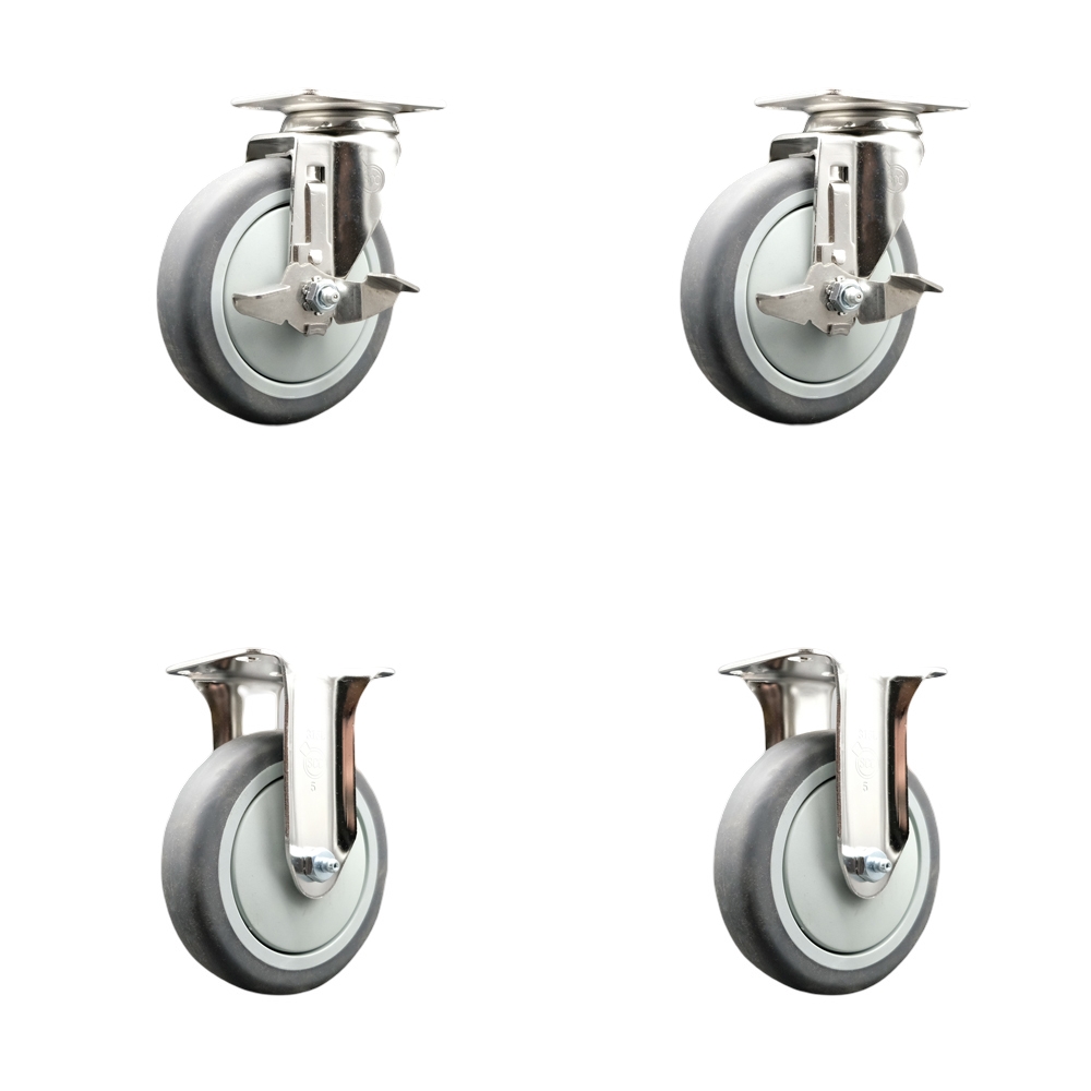 Thermoplastic Rubber Swivel Top Plate Caster Set of 4 with 5 Inch Gray Caster Wheels - 316 Stainless Steel Casters - Includes 2 Swivel with Top Lock Brakes and 2 Rigid - Service Caster Brand — photo 1