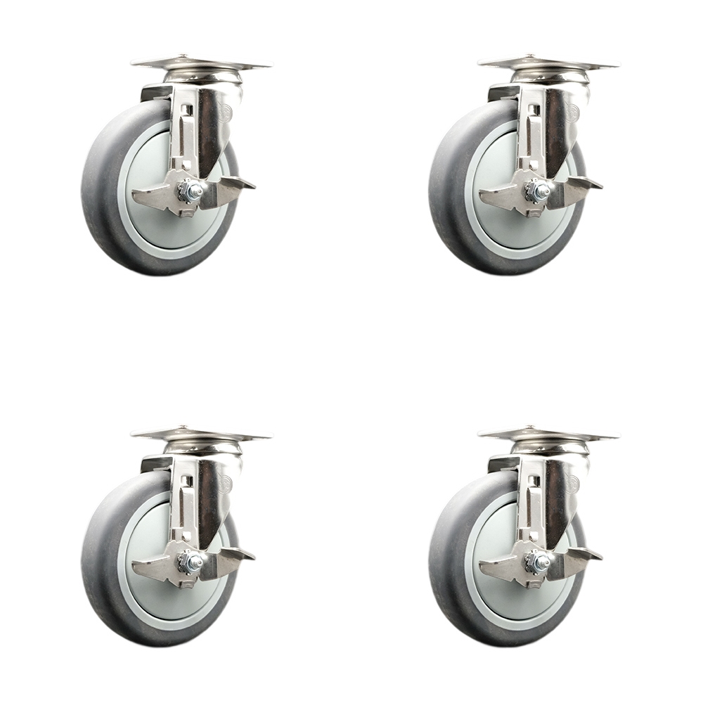 Thermoplastic Rubber Swivel Top Plate Caster Set of 4 with 5 Inch Caster Wheels-316 Stainless Steel Casters-Includes 4 Swivel Casters with Top Lock Brakes-1,200lbs. Total Capacity-Service Caster Brand — photo 1