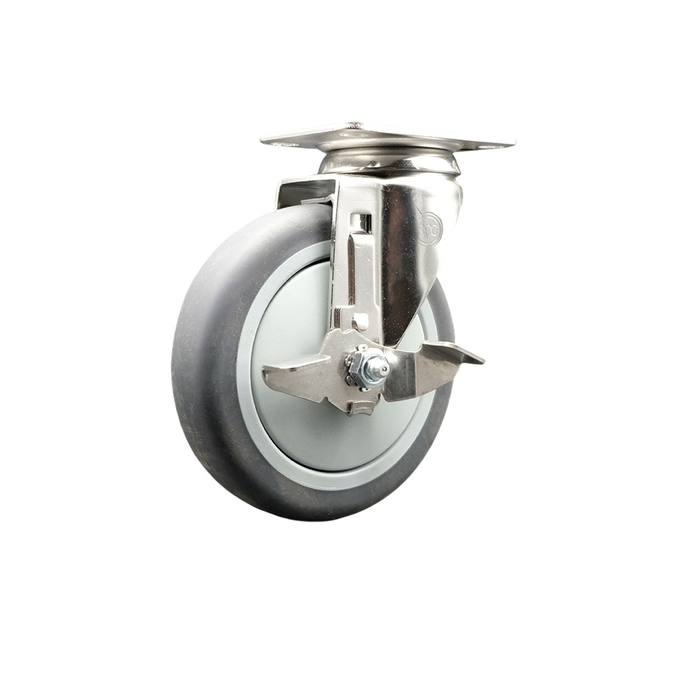 Thermoplastic Rubber Swivel Top Plate Caster with 5 Inch Gray Caster Wheel and Top Lock Brake - 316 Stainless Steel Caster - 300 lbs. Capacity Per Caster - Service Caster Brand — photo 1