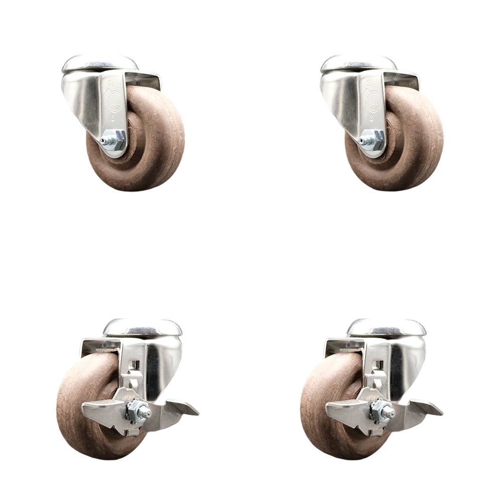 High Temp Glass Filled Nylon Swivel Bolt Hole Caster Set of 4 with 3 Inch Brown Caster Wheels - 316 Stainless Steel Casters - Includes 2 Swivel with Top Lock Brakes and 2 Swivel - Service Caster Brand — photo 1