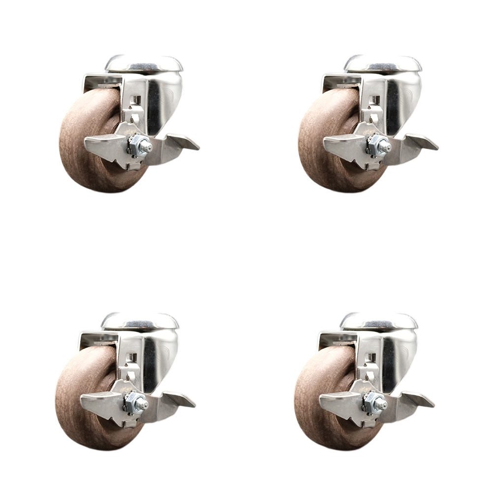 High Temp Glass Filled Nylon Swivel Bolt Hole Caster Set of 4 with 3.5 Inch Brown Caster Wheels - 316 Stainless Steel Casters - Includes 4 Swivel Casters with Top Lock Brakes - Service Caster Brand — photo 1