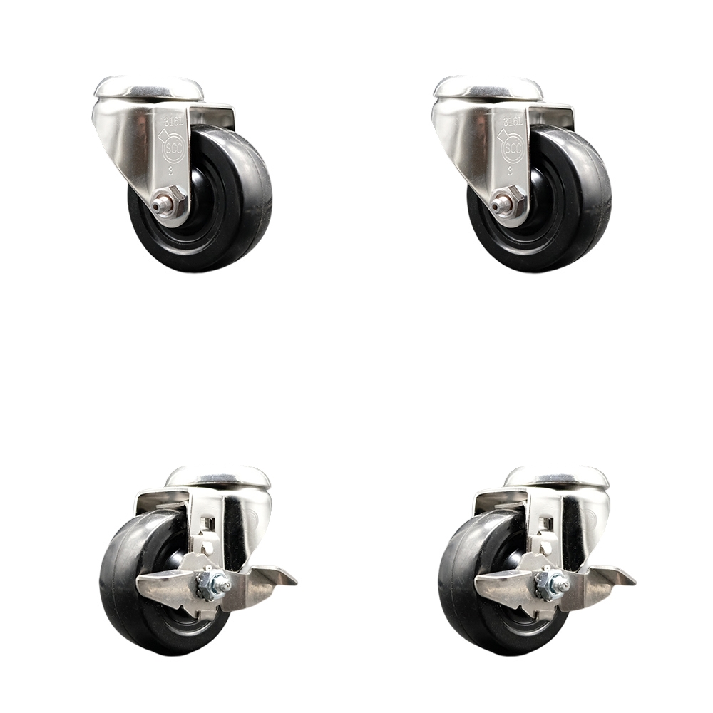 Hard Rubber Swivel Bolt Hole Caster Set of 4 with 3.5 Inch Black Caster Wheels - 316 Stainless Steel Casters - Includes 2 Swivel with Top Lock Brakes and 2 Swivel - Service Caster Brand — photo 1