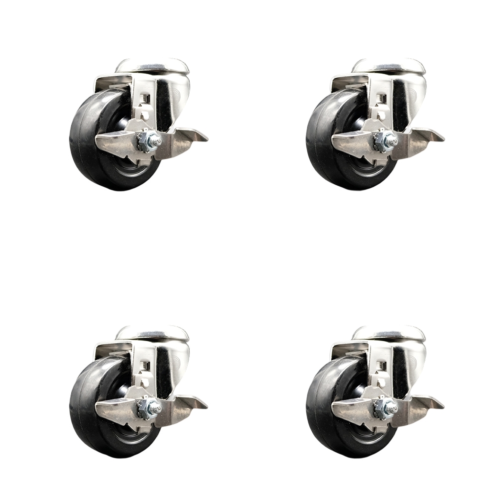 Hard Rubber Swivel Bolt Hole Caster Set of 4 with 3.5 Inch Black Caster Wheels-316 Stainless Steel Casters-Includes 4 Swivel Casters with Top Lock Brakes-1,140 lbs. Total Capacity-Service Caster Brand — photo 1
