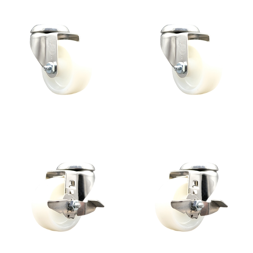 Nylon Swivel Bolt Hole Caster Set of 4 with 3 Inch White Caster Wheels - 316 Stainless Steel Casters - Includes 2 Swivel with Top Lock Brakes and 2 Swivel - Service Caster Brand — photo 1