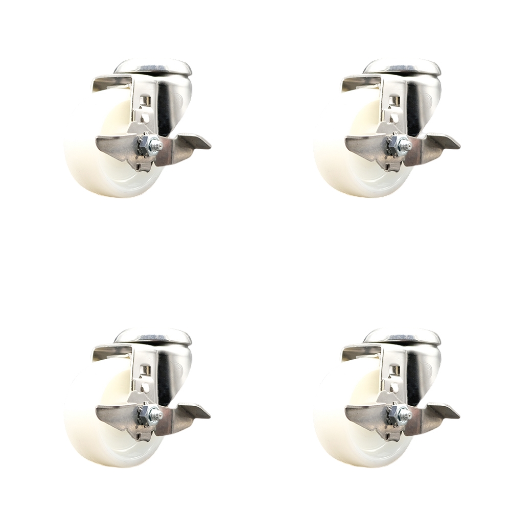 Nylon Swivel Bolt Hole Caster Set of 4 with 3 Inch White Caster Wheels - 316 Stainless Steel Casters - Includes 4 Swivel Casters with Top Lock Brakes - 1,200 lbs. Total Capacity - Service Caster Brand — photo 1