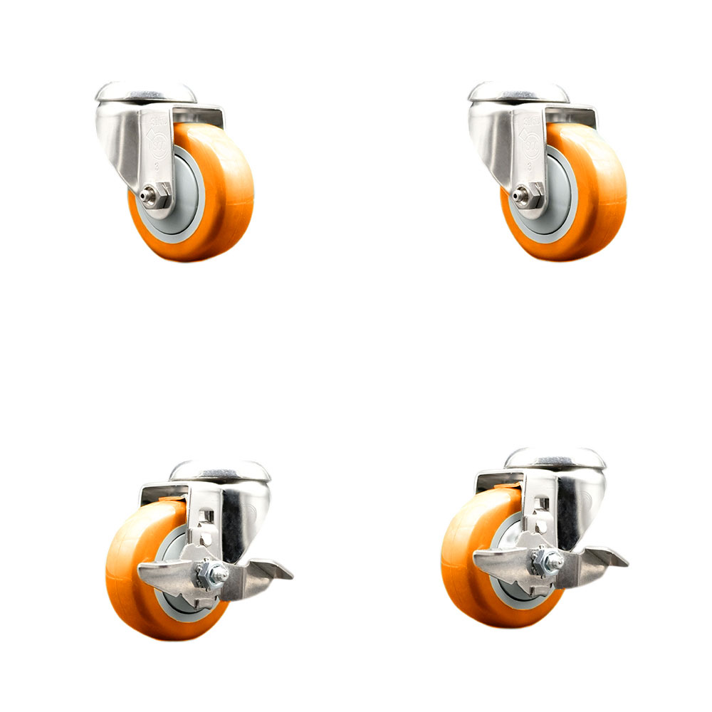 Polyurethane Swivel Bolt Hole Caster Set of 4 with 3.5 Inch Orange Caster Wheels - 316 Stainless Steel Casters - Includes 2 Swivel with Top Lock Brakes and 2 Swivel - Service Caster Brand — photo 1