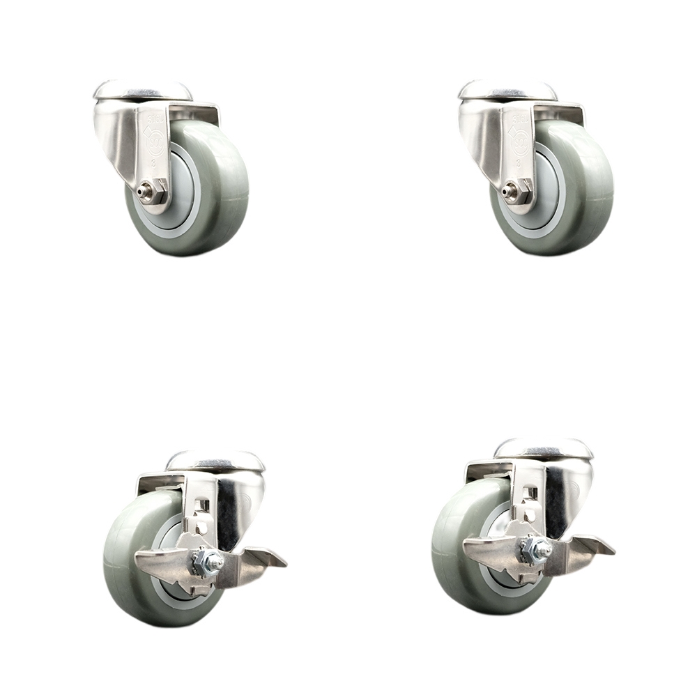 Polyurethane Swivel Bolt Hole Caster Set of 4 with 3 Inch Gray Caster Wheels - 316 Stainless Steel Casters - Includes 2 Swivel with Top Lock Brakes and 2 Swivel - Service Caster Brand — photo 1